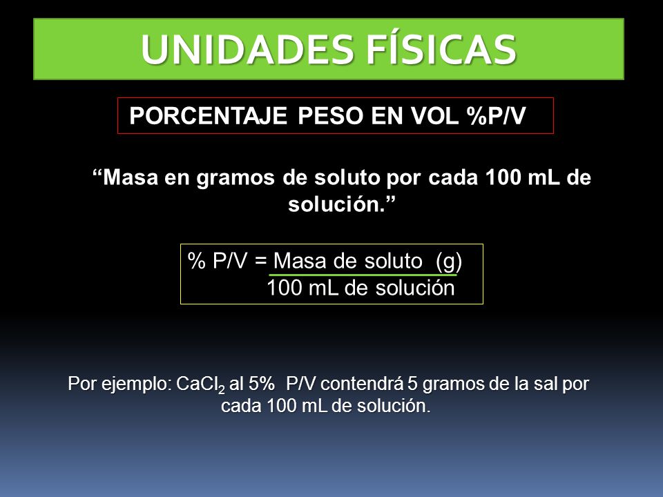 Masa en gramos de soluto por cada 100 mL de solución.