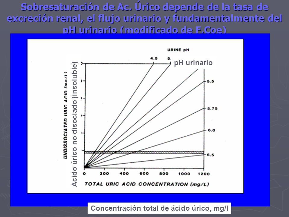 Sobresaturación de Ac. Úrico depende de la tasa de excreción renal, el flujo urinario y fundamentalmente del pH urinario (modificado de F.Coe)