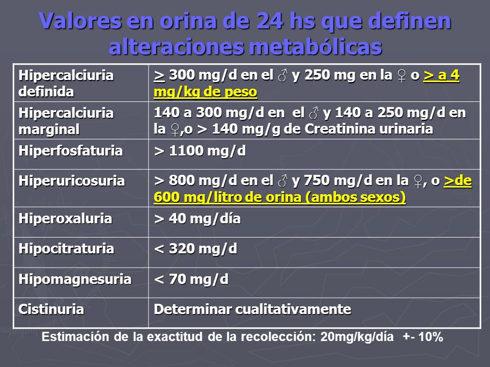 Valores en orina de 24 hs que definen alteraciones metabólicas