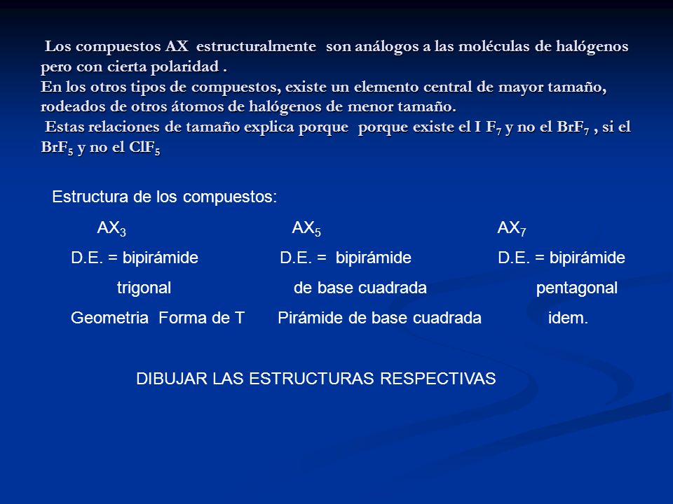 Los compuestos AX estructuralmente son análogos a las moléculas de halógenos pero con cierta polaridad . En los otros tipos de compuestos, existe un elemento central de mayor tamaño, rodeados de otros átomos de halógenos de menor tamaño. Estas relaciones de tamaño explica porque porque existe el I F7 y no el BrF7 , si el BrF5 y no el ClF5