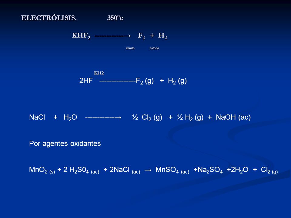ELECTRÓLISIS. 350ºc KHF → F2 + H2 ánodo cátodo KH2