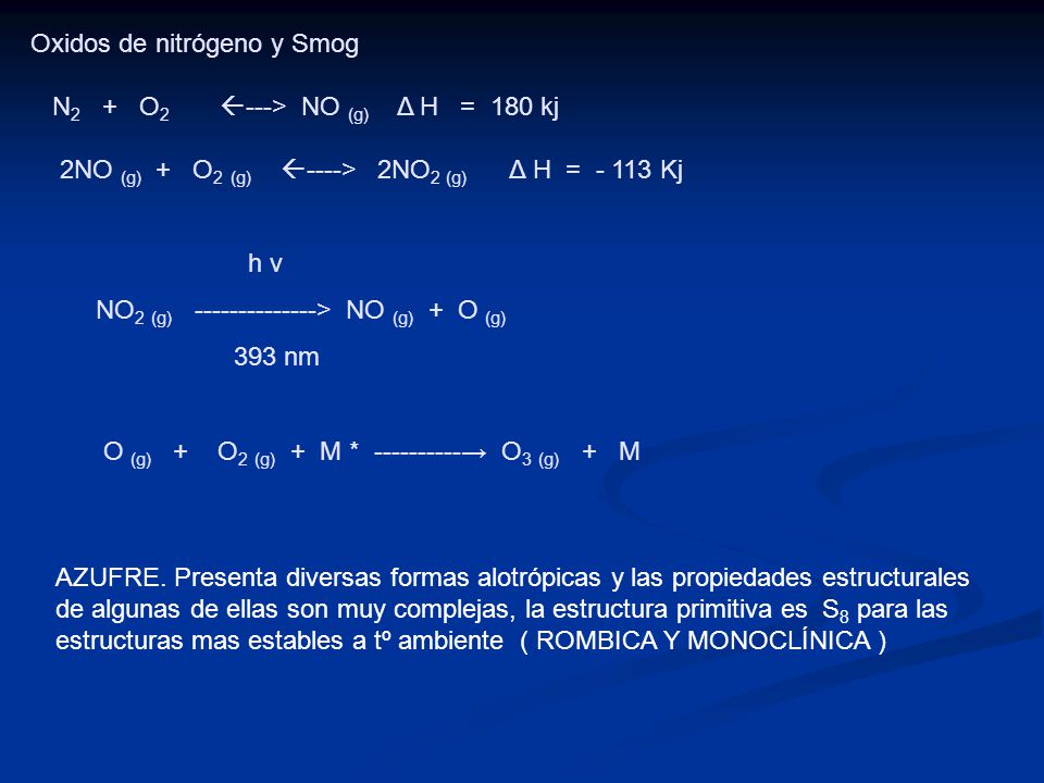 Oxidos de nitrógeno y Smog N2 + O2 ---> NO (g) Δ H = 180 kj 2NO (g) + O2 (g) ----> 2NO2 (g) Δ H = Kj