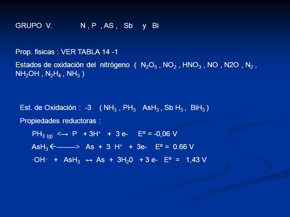 GRUPO V. N , P , AS , Sb y Bi Prop. fisicas : VER TABLA