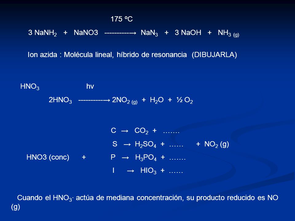 175 ºC 3 NaNH2 + NaNO → NaN3 + 3 NaOH + NH3 (g) Ion azida : Molécula lineal, híbrido de resonancia (DIBUJARLA)