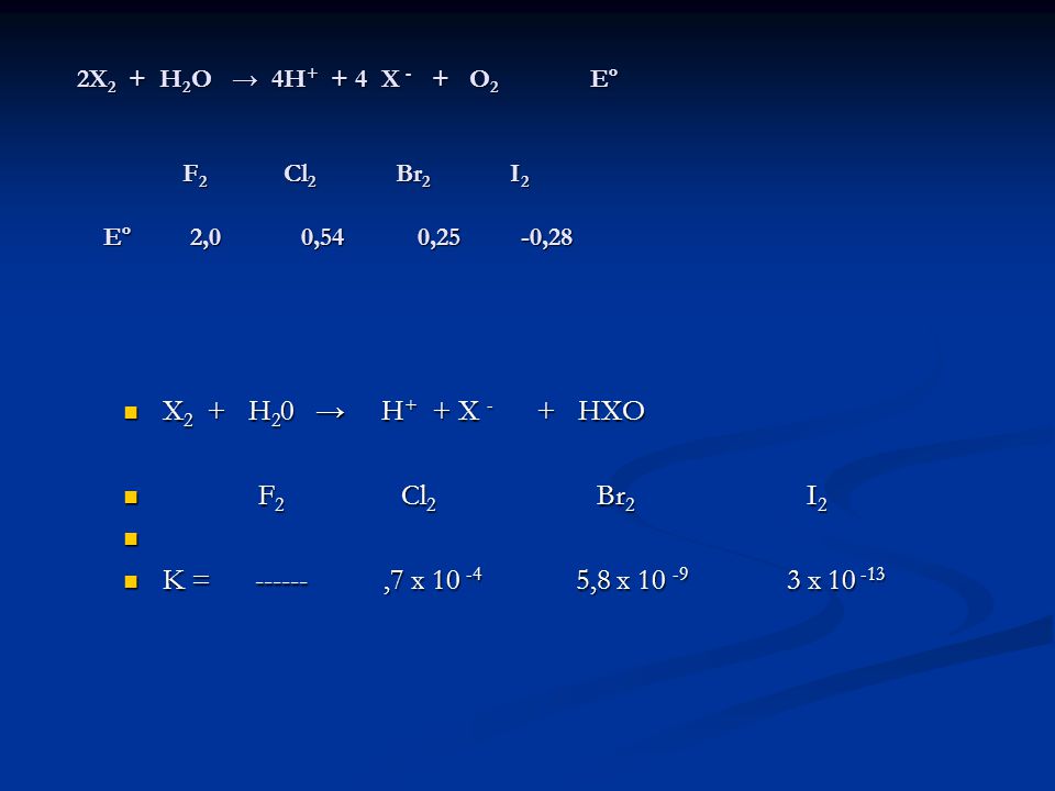 2X2 + H2O → 4H+ + 4 X - + O2 Eº F2 Cl2 Br2 I2 Eº 2,0 0,54 0,25 -0,28