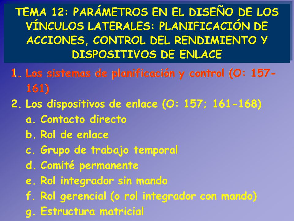 TEMA 12: PARÁMETROS EN EL DISEÑO DE LOS VÍNCULOS LATERALES: PLANIFICACIÓN DE ACCIONES, CONTROL DEL RENDIMIENTO Y DISPOSITIVOS DE ENLACE