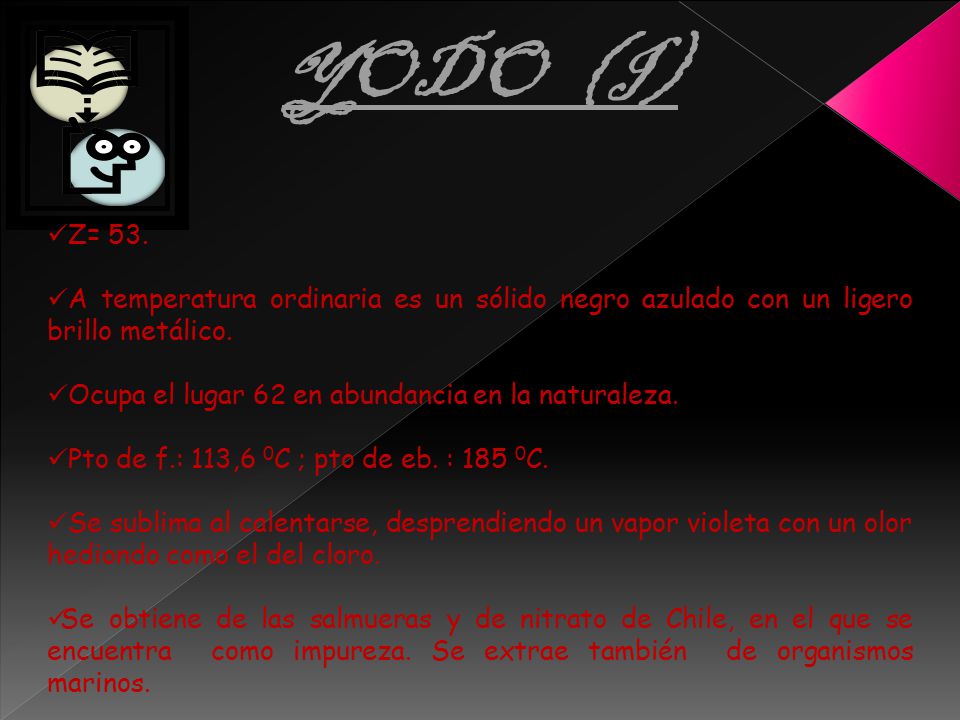 YODO (I) Z= 53. A temperatura ordinaria es un sólido negro azulado con un ligero brillo metálico.