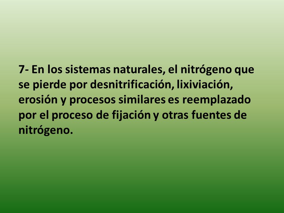 7- En los sistemas naturales, el nitrógeno que se pierde por desnitrificación, lixiviación, erosión y procesos similares es reemplazado por el proceso de fijación y otras fuentes de nitrógeno.