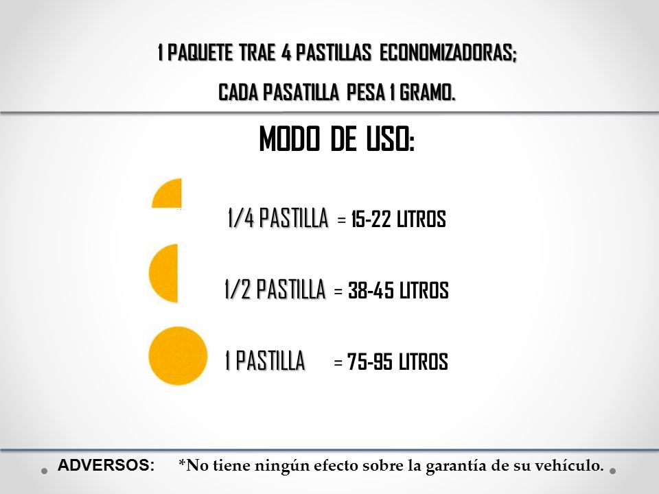 MODO DE USO: 1/4 PASTILLA = LITROS 1/2 PASTILLA = LITROS