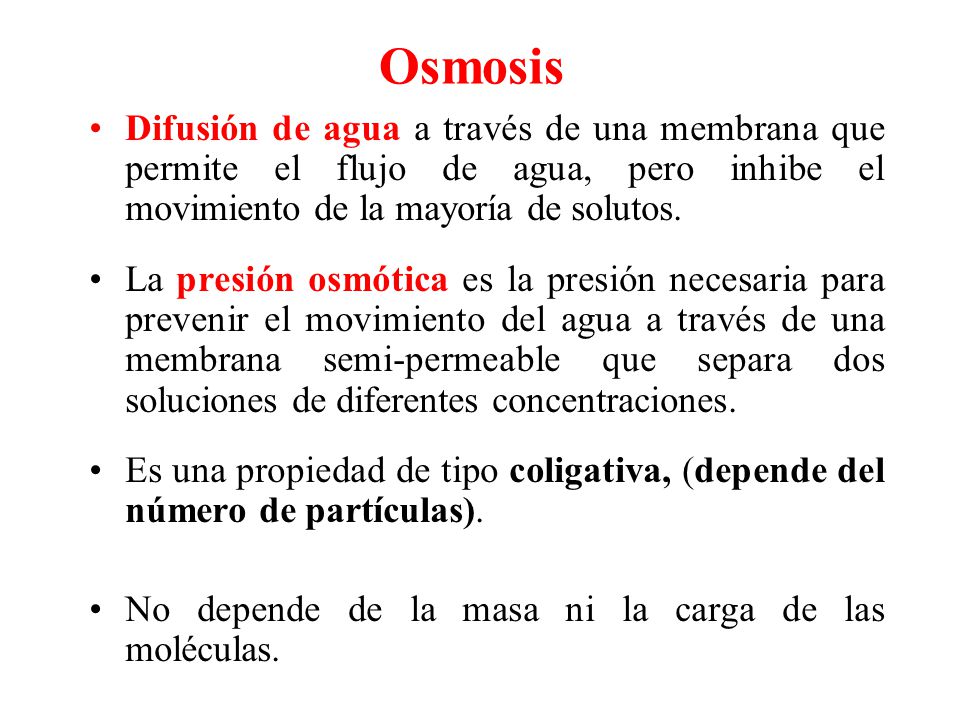 Osmosis Difusión de agua a través de una membrana que permite el flujo de agua, pero inhibe el movimiento de la mayoría de solutos.