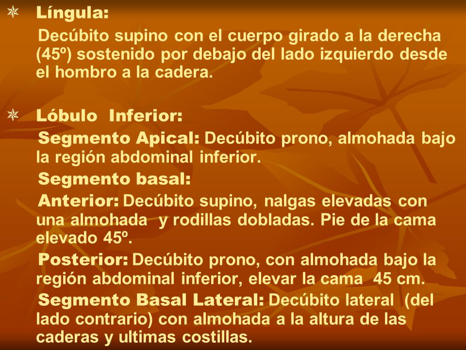 Língula: Decúbito supino con el cuerpo girado a la derecha (45º) sostenido por debajo del lado izquierdo desde el hombro a la cadera.