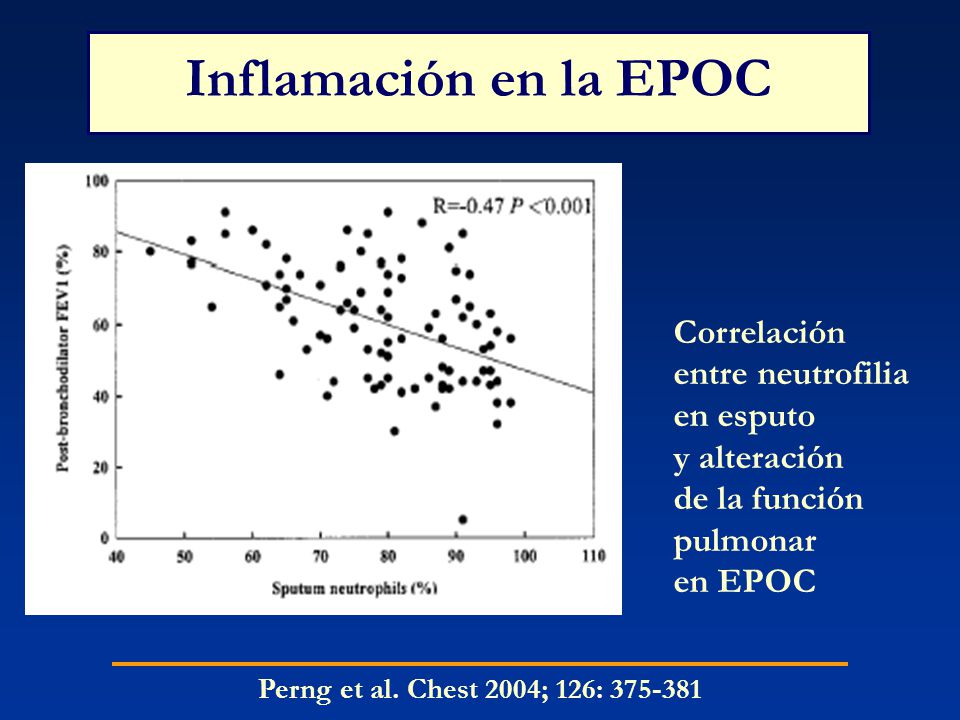 Inflamación en la EPOC Correlación entre neutrofilia en esputo y alteración de la función pulmonar en EPOC.
