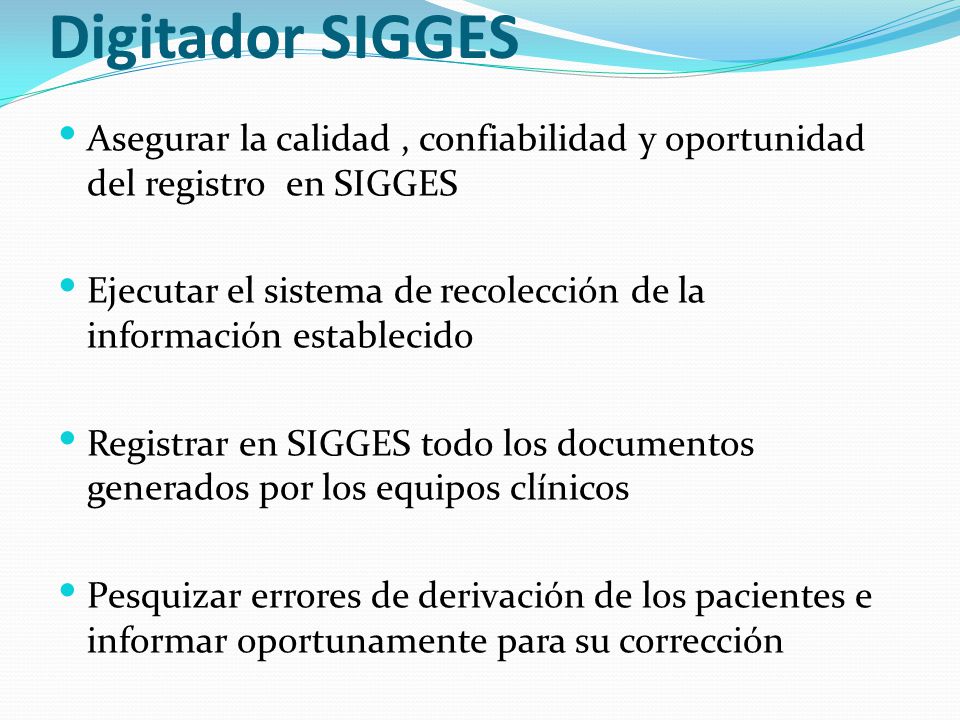 Digitador SIGGES Asegurar la calidad , confiabilidad y oportunidad del registro en SIGGES.