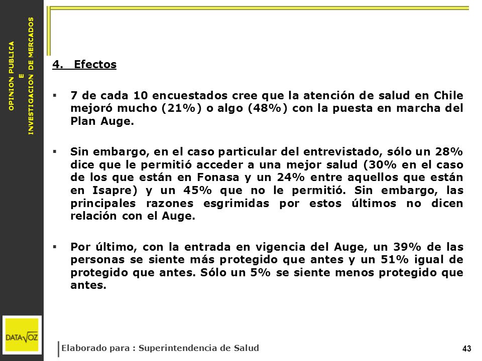 4. Efectos 7 de cada 10 encuestados cree que la atención de salud en Chile mejoró mucho (21%) o algo (48%) con la puesta en marcha del Plan Auge.