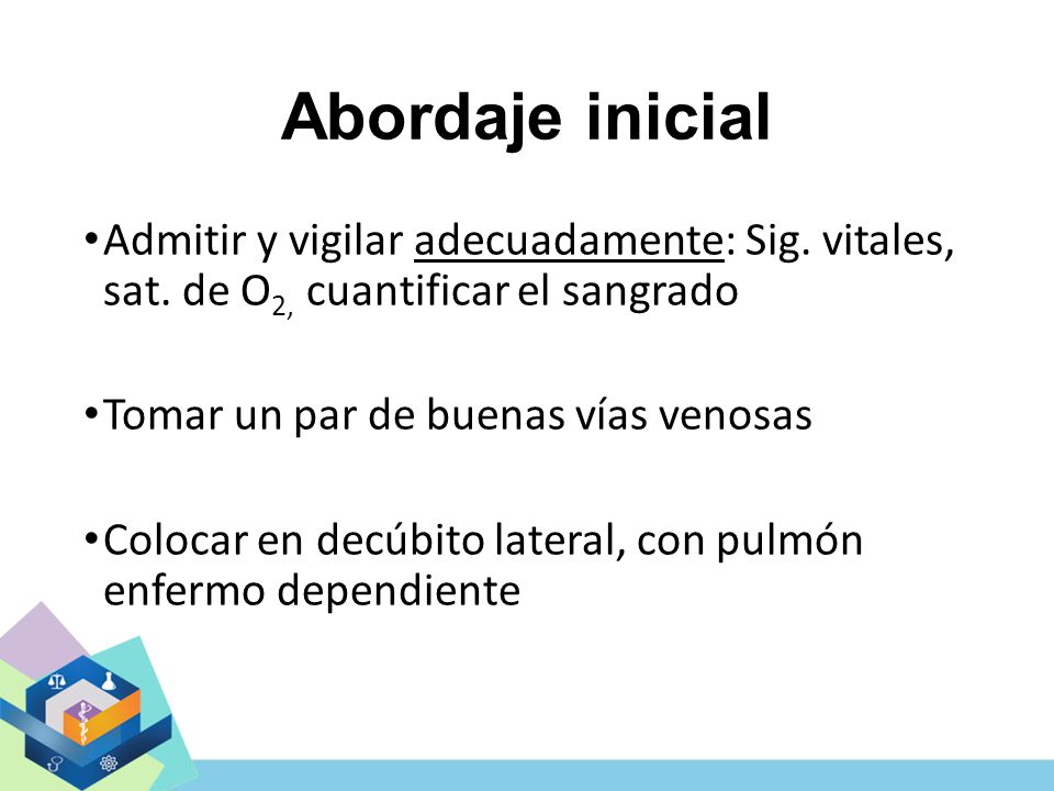 Abordaje inicial Admitir y vigilar adecuadamente: Sig. vitales, sat. de O2, cuantificar el sangrado.