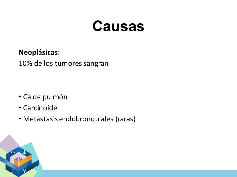 Causas Neoplásicas: 10% de los tumores sangran Ca de pulmón Carcinoide