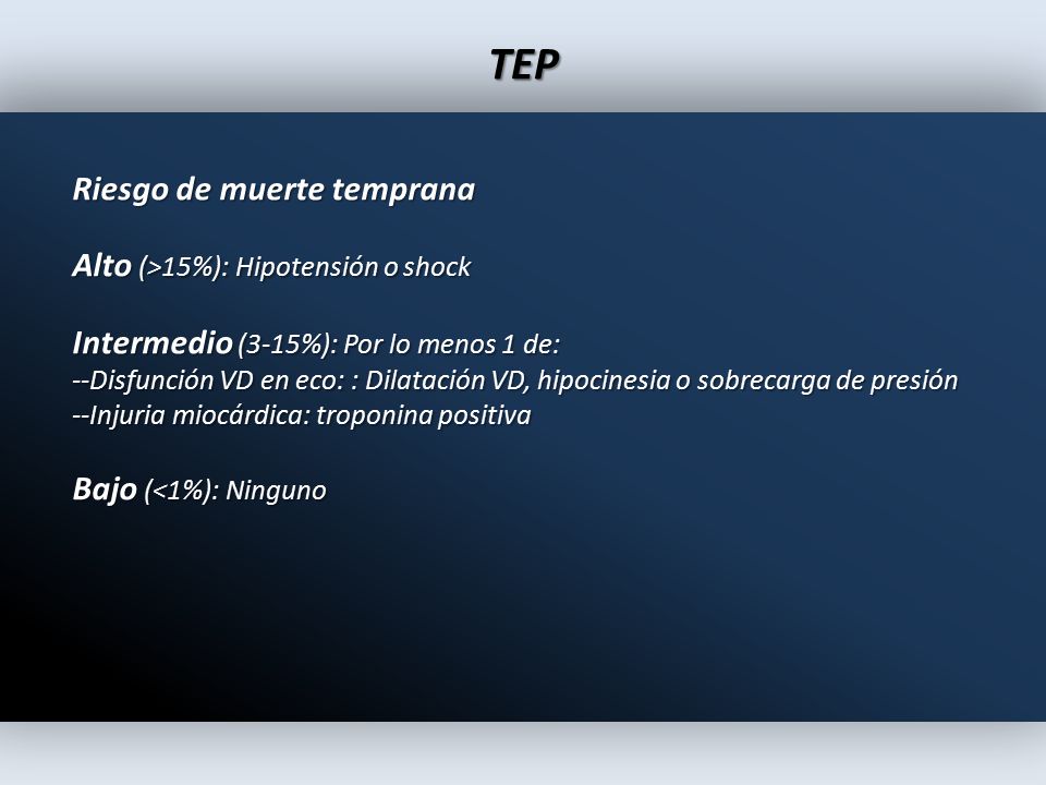 TEP Riesgo de muerte temprana Alto (>15%): Hipotensión o shock