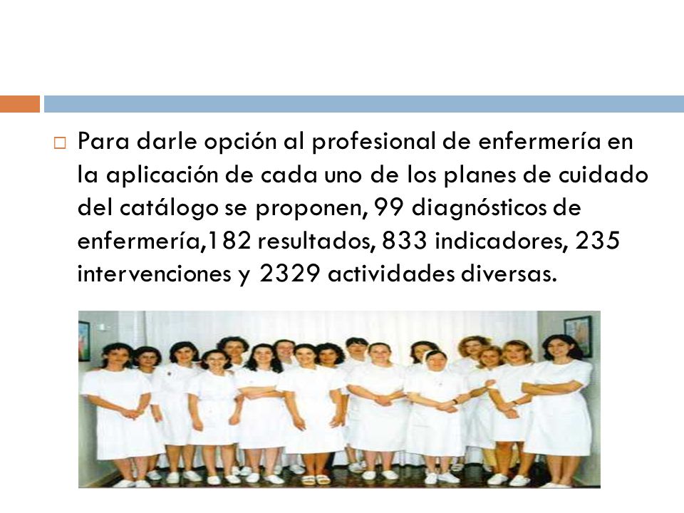 Para darle opción al profesional de enfermería en la aplicación de cada uno de los planes de cuidado del catálogo se proponen, 99 diagnósticos de enfermería,182 resultados, 833 indicadores, 235 intervenciones y 2329 actividades diversas.