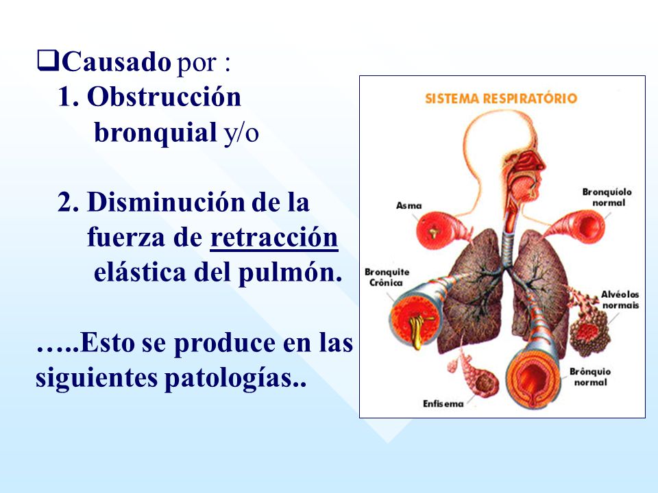 Causado por : 1. Obstrucción. bronquial y/o. 2. Disminución de la. fuerza de retracción. elástica del pulmón.