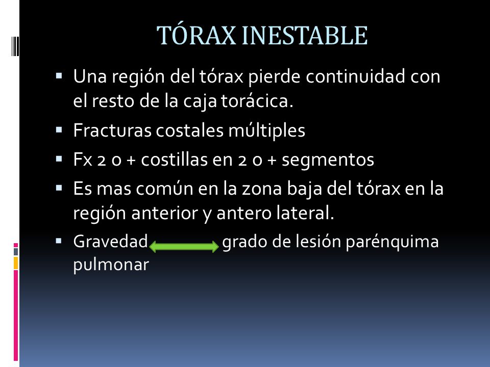 TÓRAX INESTABLE Una región del tórax pierde continuidad con el resto de la caja torácica. Fracturas costales múltiples.