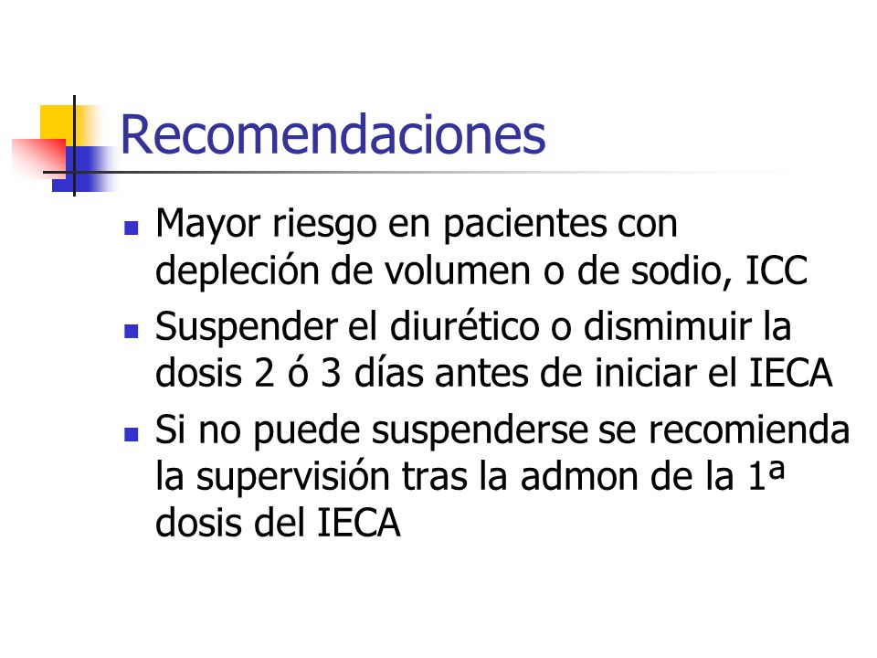 Recomendaciones Mayor riesgo en pacientes con depleción de volumen o de sodio, ICC.