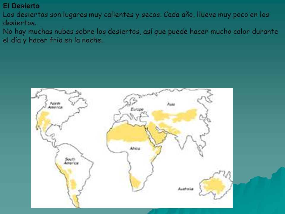 El Desierto Los desiertos son lugares muy calientes y secos. Cada año, llueve muy poco en los desiertos.