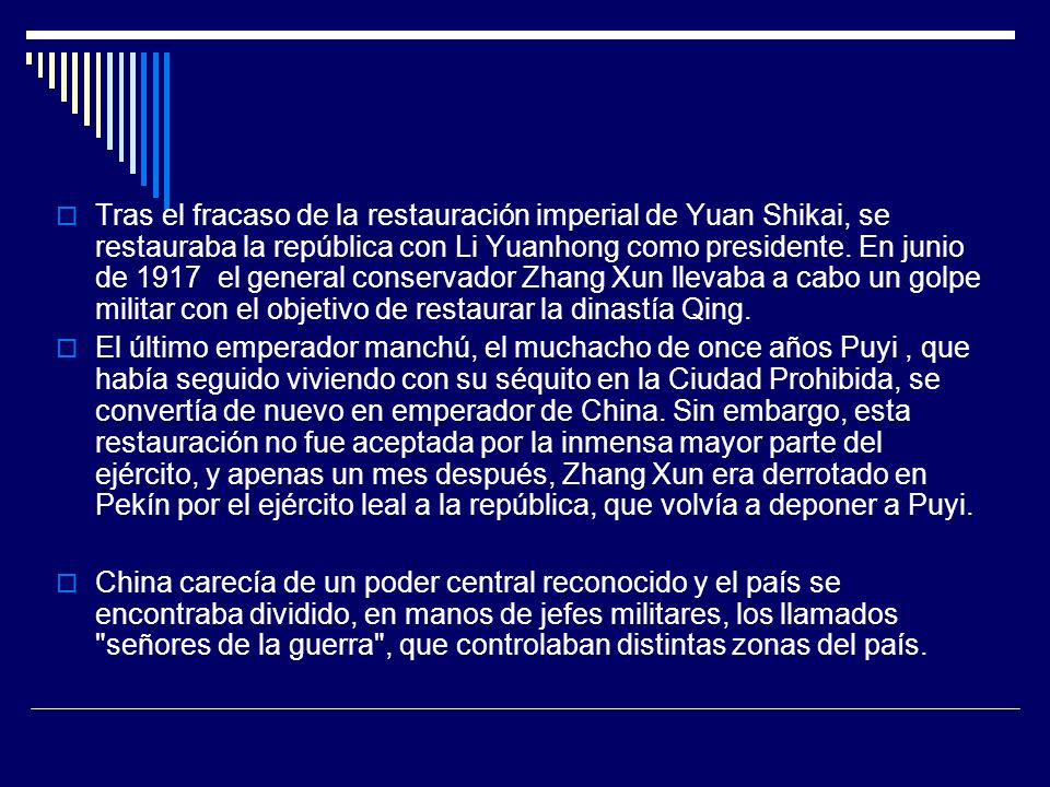 Tras el fracaso de la restauración imperial de Yuan Shikai, se restauraba la república con Li Yuanhong como presidente. En junio de 1917 el general conservador Zhang Xun llevaba a cabo un golpe militar con el objetivo de restaurar la dinastía Qing.