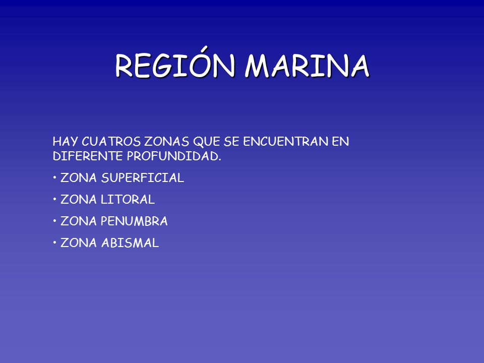 REGIÓN MARINA HAY CUATROS ZONAS QUE SE ENCUENTRAN EN DIFERENTE PROFUNDIDAD. ZONA SUPERFICIAL. ZONA LITORAL.