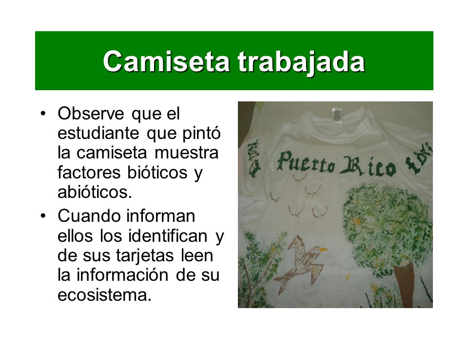 Camiseta trabajada Observe que el estudiante que pintó la camiseta muestra factores bióticos y abióticos.