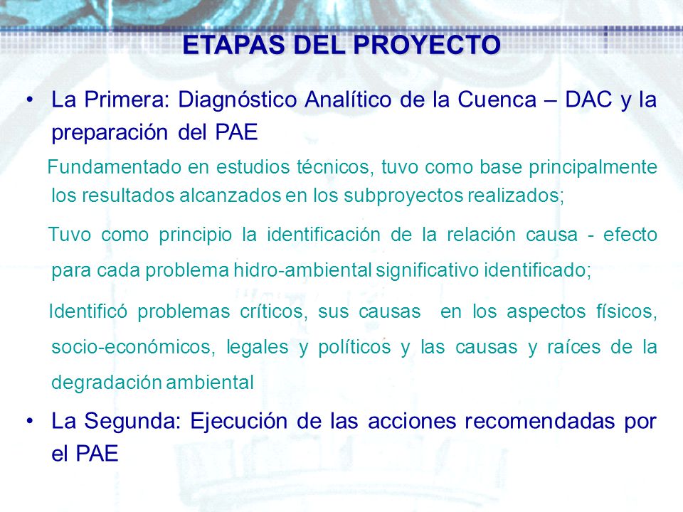 ETAPAS DEL PROYECTO La Primera: Diagnóstico Analítico de la Cuenca – DAC y la preparación del PAE.