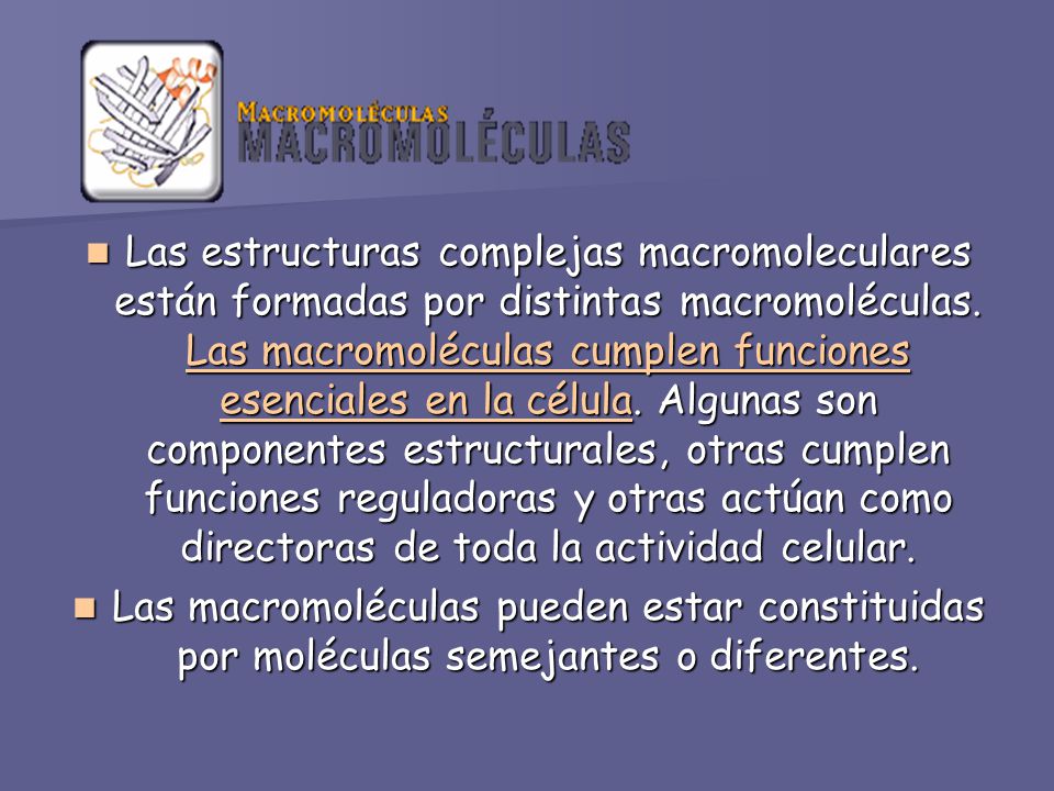 Las estructuras complejas macromoleculares están formadas por distintas macromoléculas. Las macromoléculas cumplen funciones esenciales en la célula. Algunas son componentes estructurales, otras cumplen funciones reguladoras y otras actúan como directoras de toda la actividad celular.