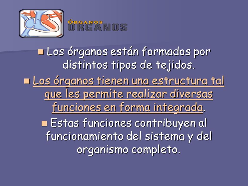 Los órganos están formados por distintos tipos de tejidos.
