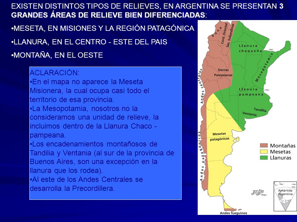 EXISTEN DISTINTOS TIPOS DE RELIEVES, EN ARGENTINA SE PRESENTAN 3 GRANDES ÁREAS DE RELIEVE BIEN DIFERENCIADAS: