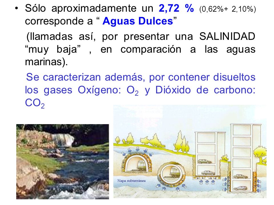 Sólo aproximadamente un 2,72 % (0,62%+ 2,10%) corresponde a Aguas Dulces