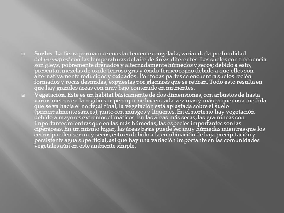 Suelos. La tierra permanece constantemente congelada, variando la profundidad del permafrost con las temperaturas del aire de áreas diferentes. Los suelos con frecuencia son gleys, pobremente drenados y alternadamente húmedos y secos; debido a esto, presentan mezclas de óxido ferroso gris y óxido férrico rojizo debido a que ellos son alternativamente reducidos y oxidados. Por todas partes se encuentra suelos recién formados y rocas desnudas, expuestas por glaciares que se retiran. Todo esto resulta en que hay grandes áreas con muy bajo contenido en nutrientes.