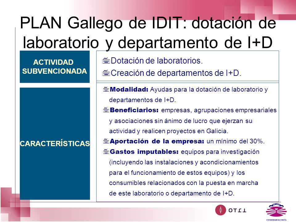 PLAN Gallego de IDIT: dotación de laboratorio y departamento de I+D