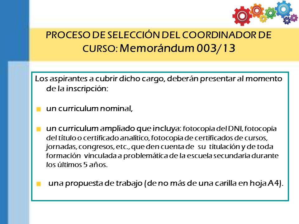 PROCESO DE SELECCIÓN DEL COORDINADOR DE CURSO: Memorándum 003/13