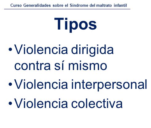 Tipos Violencia dirigida contra sí mismo Violencia interpersonal