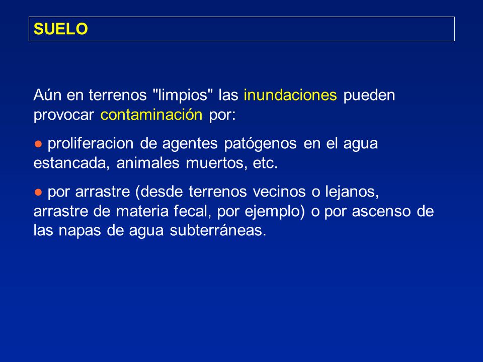 SUELO Aún en terrenos limpios las inundaciones pueden provocar contaminación por: