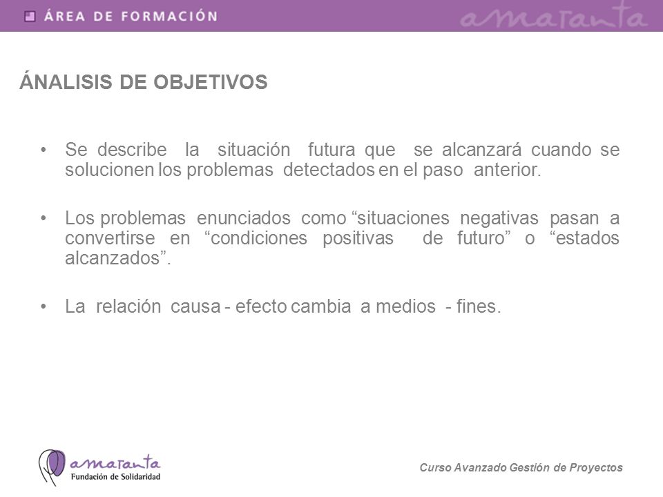 ÁNALISIS DE OBJETIVOS Se describe la situación futura que se alcanzará cuando se solucionen los problemas detectados en el paso anterior.