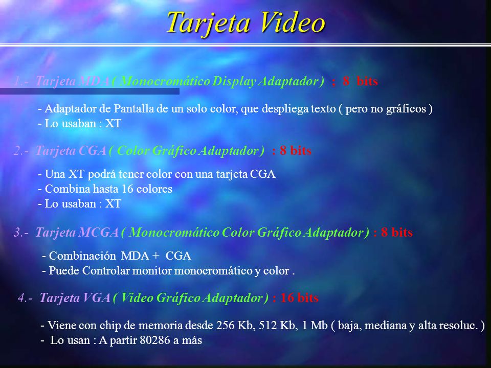 Tarjeta Video 1.- Tarjeta MDA ( Monocromático Display Adaptador ) ; 8 bits.