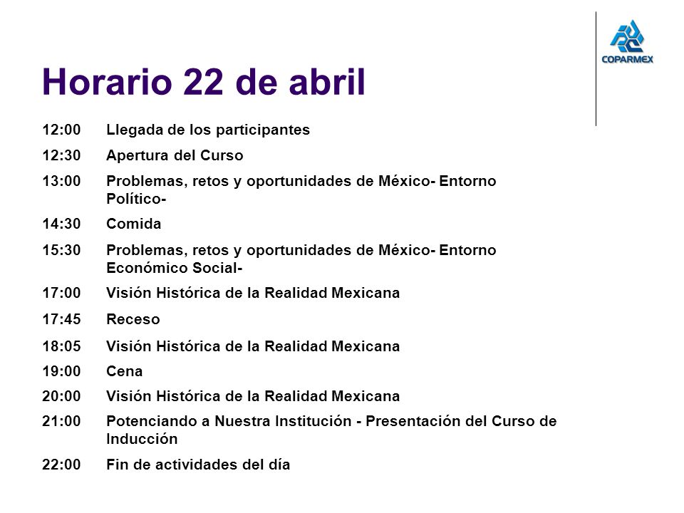 Horario 22 de abril 12:00 Llegada de los participantes 12:30