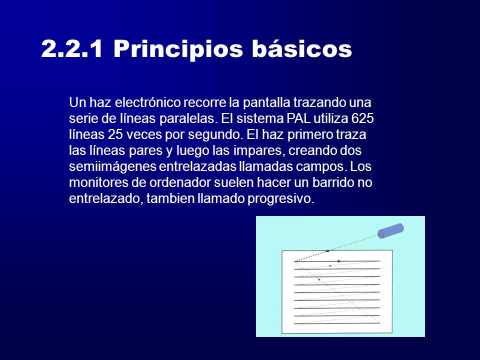 2.2.1 Principios básicos Un haz electrónico recorre la pantalla trazando una. serie de líneas paralelas. El sistema PAL utiliza 625.