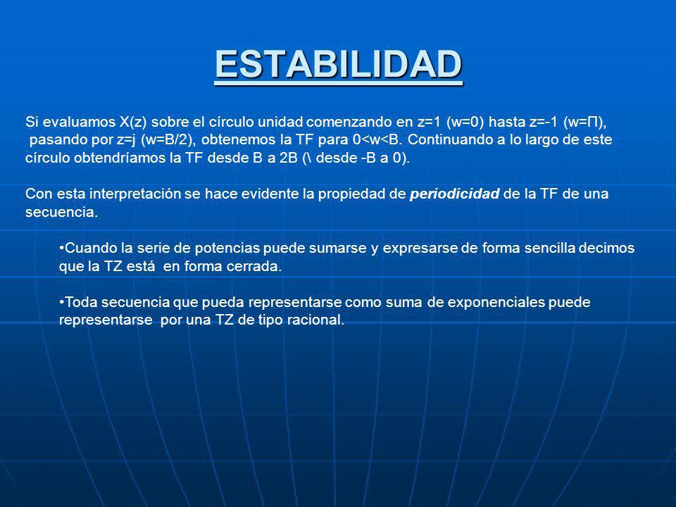ESTABILIDAD Si evaluamos X(z) sobre el círculo unidad comenzando en z=1 (w=0) hasta z=-1 (w=Π),