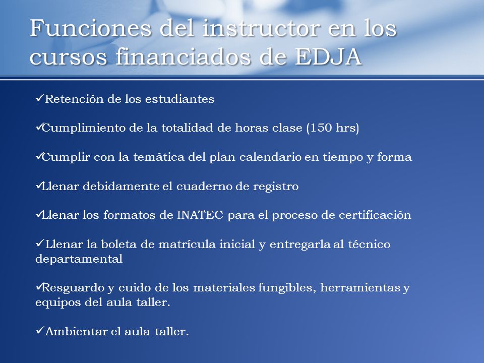 Funciones del instructor en los cursos financiados de EDJA