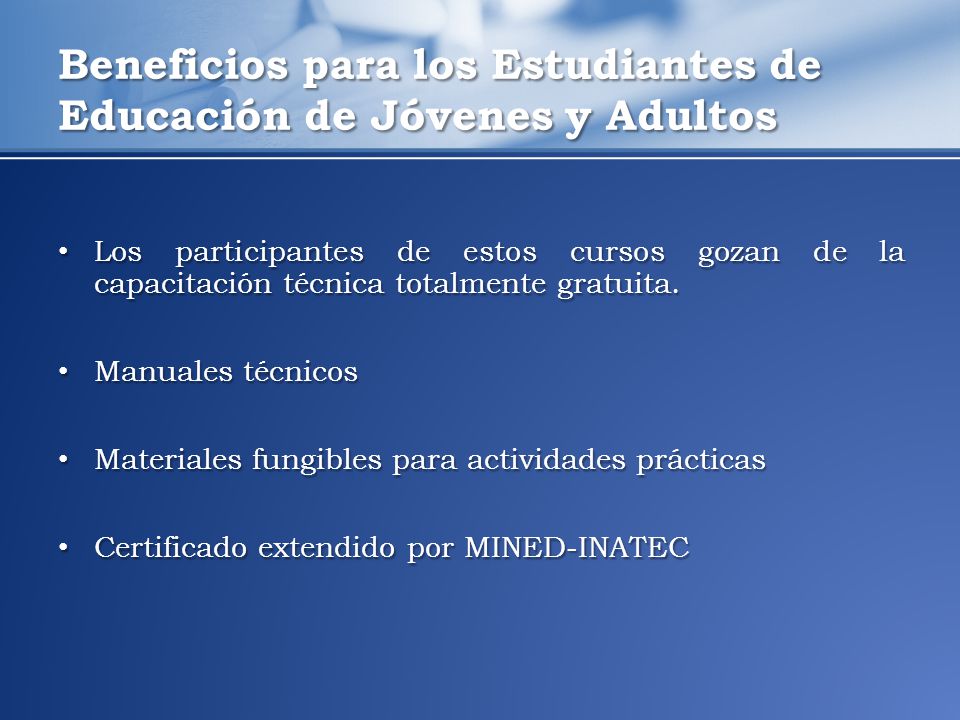 Beneficios para los Estudiantes de Educación de Jóvenes y Adultos