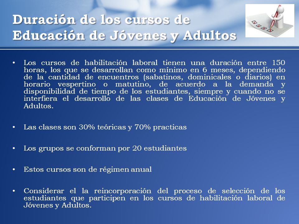 Duración de los cursos de Educación de Jóvenes y Adultos