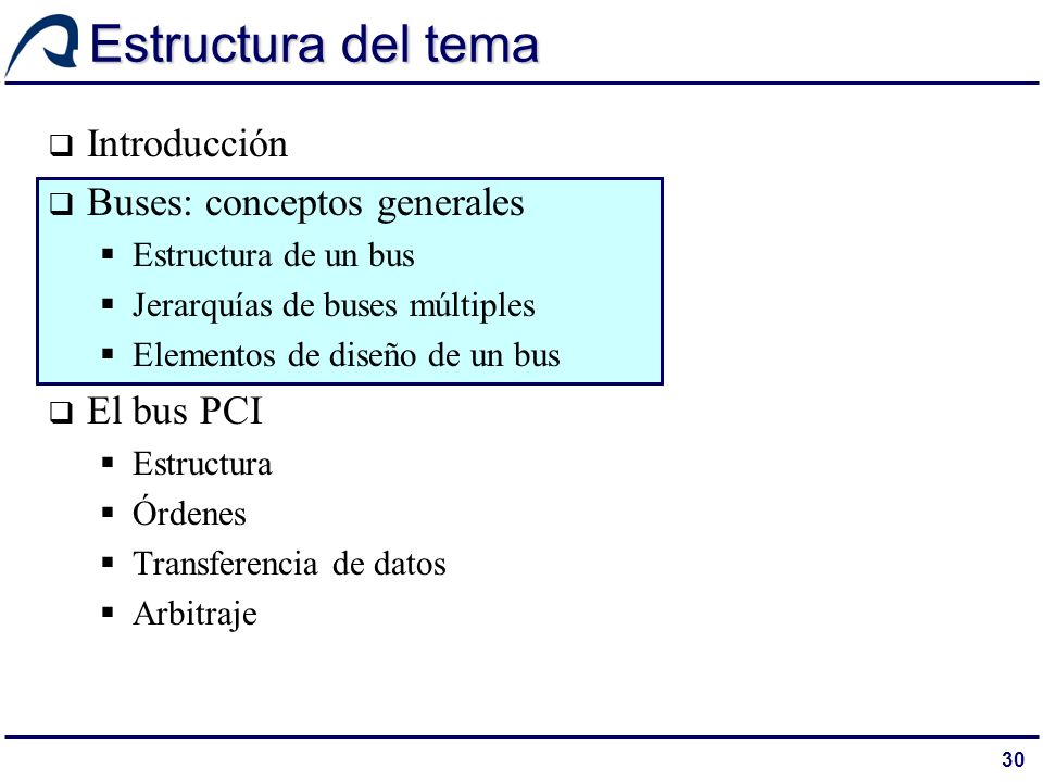 Estructura del tema Introducción Buses: conceptos generales El bus PCI