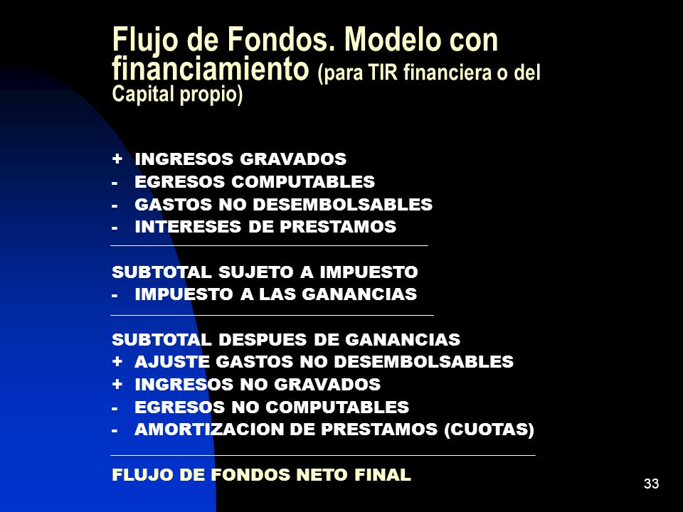 Flujo de Fondos. Modelo con financiamiento (para TIR financiera o del Capital propio)