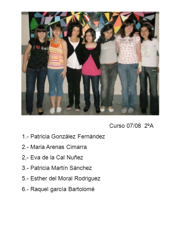 Curso 07/08 2ºA 1.- Patricia González Fernández. 2.- Maria Arenas Cimarra. 2,- Eva de la Cal Nuñez.